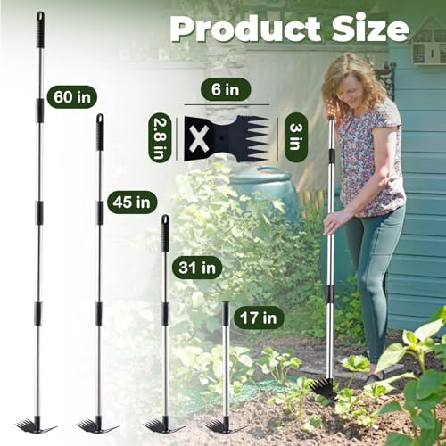 NICOFPHY Long Handle Weed Puller Tool with Heavy Duty Hoe & Rake