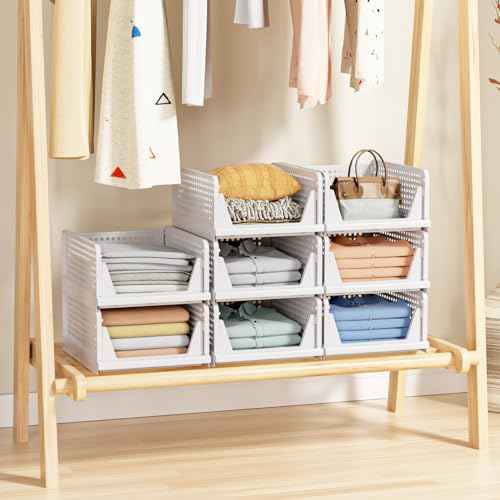 4 Pack Stackable Closet Storage Basket - Stackable Storage Bins, Multifunctional & Foldable Closet Organizer, Wardrobe Cupboard Space-Saving Clothes Storage Hat Organizer, White