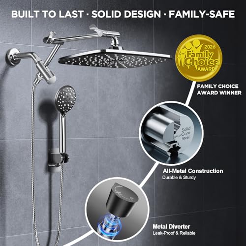 Veken Chrome 11.8-Inch High Pressure Rainfall Shower Head with Handheld & Adjustable Arm