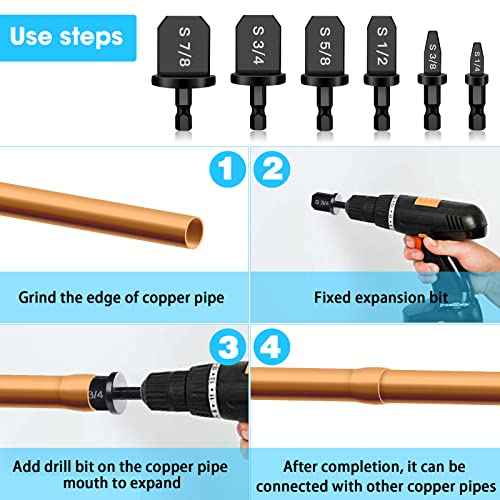 6Pcs HVAC Repairing Set, Boring Drill Bits, Air Conditioner Tube Expander Swaging Tool, Manual Copper Pipe Swage, Soft Copper Tubing Set (1/4", 3/8", 1/2", 5/8", 3/4", 7/8")