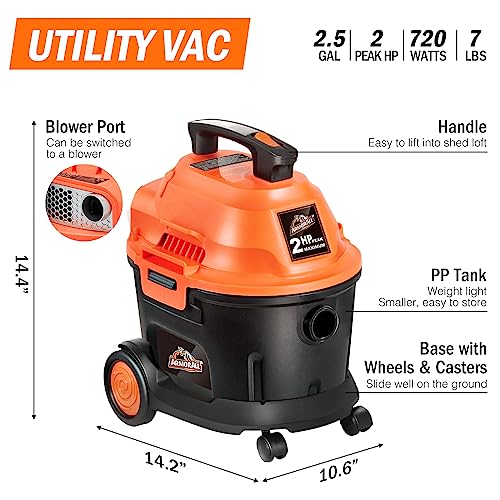 Armor All 2.5 Gallon Wet/Dry Utility Vacuum with 2 Peak HP, Convertible Blower, 13 Accessories