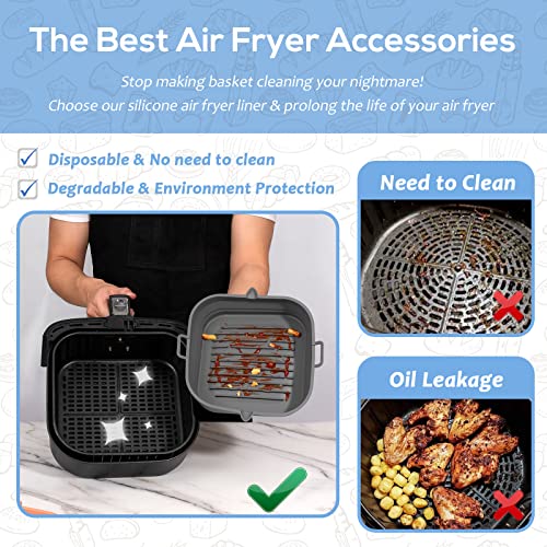 Loveuing Gray Silicone Air Fryer Liners Square, 8.5 inch, Reusable & Non-Stick 5.8-8 Qt