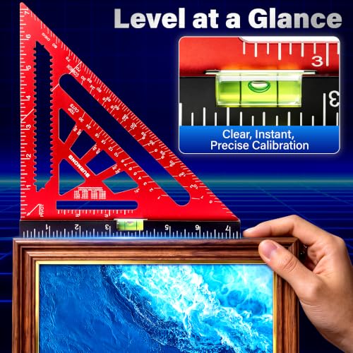 BURMONG 7-Inch Aluminum Rafter Square with Level Vial – 5-in-1 Carpenter Ruler