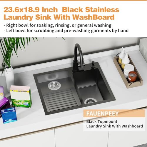 FAUENPEEY Black Stainless Steel Laundry Sink with Washboard 23.6x18.9-Inch Double Bowl