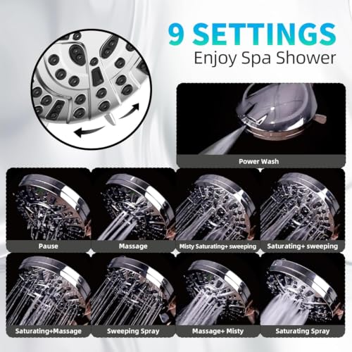 BESAQUO 9-Function High Pressure Handheld Shower Head with Power Wash & Chrome Finish