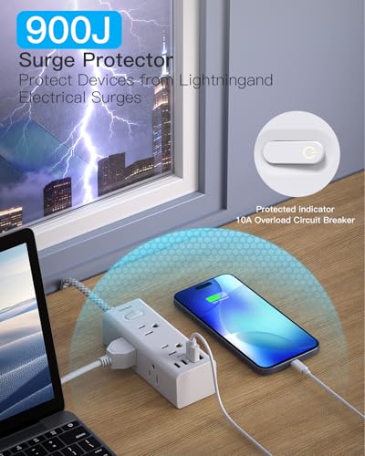 One Beat 5ft Flat Plug Power Strip with Surge Protection, 10 Outlets & USB C - White