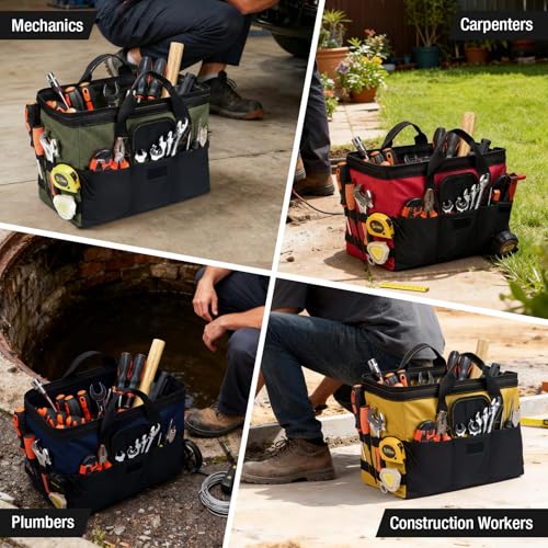 HISEA 16-Inch Waterproof Heavy Duty Tool Bag in Navy, Yellow, Red - Multi-Pocket Organizer