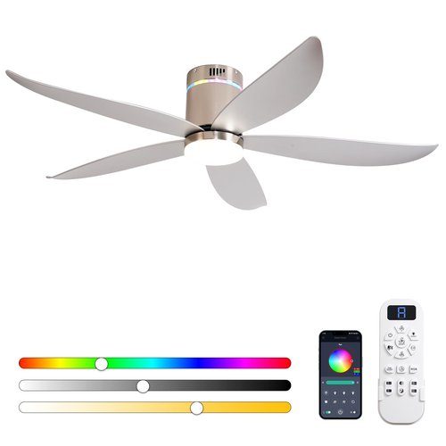 Carrefour Ceiling Fan with Lights,52 Inch Silver Flush Mount Ceiling Fans with Remote,RGB,6 Speeds DC Reversible, Dimmable, Noiseless,Bluetooth Speaker,Low Profile Ceiling Fans for Bedroom
