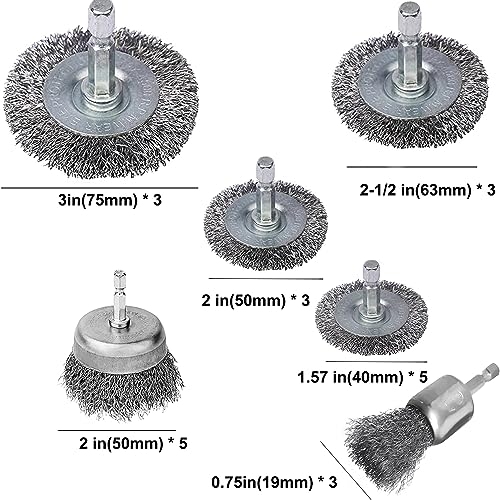 Cup Brush Set - Wire Brush for Drill, 1/4 Inch Hex Shank, Coarse Carbon Steel Crimped Wire Wheel for Rust Cleaning