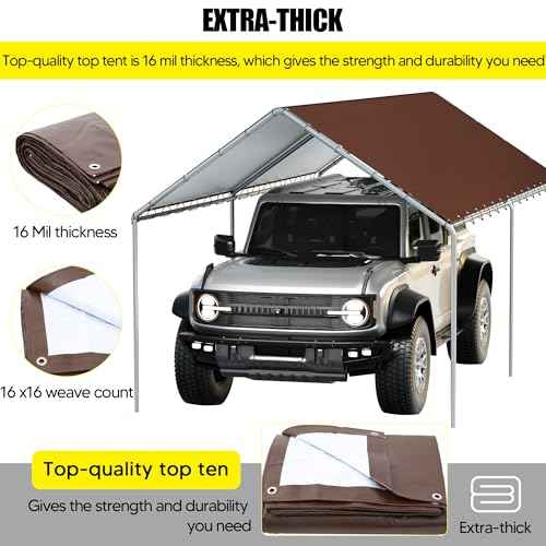 10 x 20 Ft Carport Replacement Canopy Cover Garage Top Tent Shelter Tarp with Free 48 Ball Bungee Cords,Brown (Only Cover, Frame Not Include)