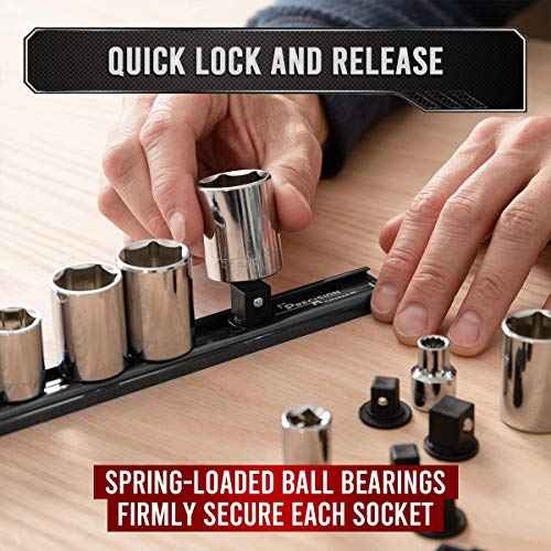 Precision Defined Aluminum Tool Socket Holder | Black, Single 1/4-Inch Socket Organizer x 16 Clips | Heavy Duty Socket Rails Organizer, Socket Storage, Socket Tray 360 Rotation