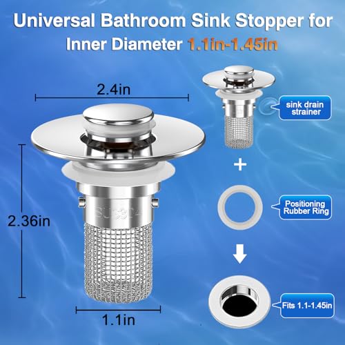 TopmeiUP Sliver 2-Pack Bathroom Sink Drain Strainers with Pop-up Mechanism, Hair Catcher & Removable Basket
