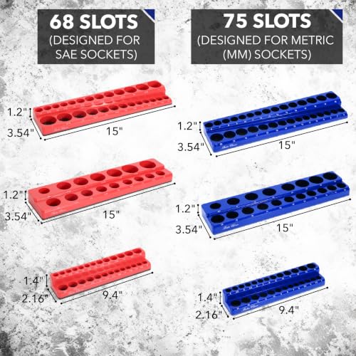 Bates Choice 6-Pack Magnetic Socket Organizer Set, 1/4, 3/8 & 1/2 in Drive (Red & Blue) — 143 Slots
