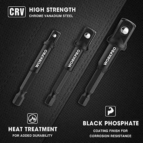 WORKPRO 3-Piece Socket Adapter Extension Set, 1/4, 3/8, 1/2-Inch Drive, 1/4-Inch Hex Shank, Impact Grade Extension Bit With Holder For Power Drill & Impact Driver