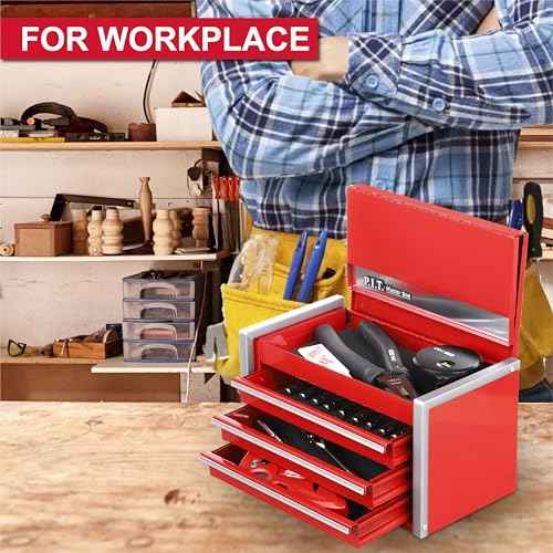 P.I.T. Mini Red Tool Box, Portable 3 Drawer Steel Stackable Tool Box with Magnetic Tab Locking, Red Micro Top Chest with Liner for Tools Storage and Organizers, Home DIY