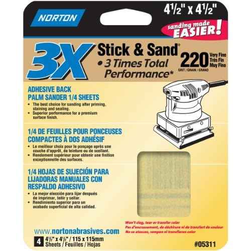 Norton 05310 3X Stick and Sandpaper 220 Grit, 4-1/2-Inch x 4-1/2-Inch, 4-Pack