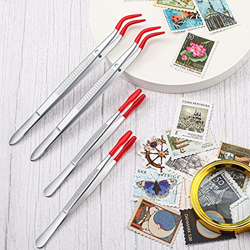 2 Pieces Bent Tip Tweezers with Rubber Tips PVC Coated and 2 Pieces Tweezers Rubber Coated PVC Soft Non Marring Flat Tips Lab Hobby Jewelry Craft Stainless Steel Tool(Red)
