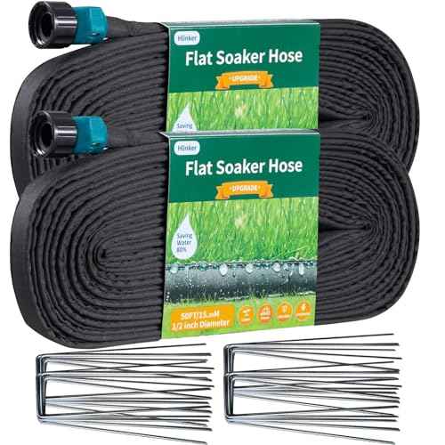 2025 Flat Soaker Hose 100 ft (50ft 2Packs) with Stake for Garden, Linkable Drip Hose Diy Automates Garden Irrigation System Saving 88% Water, Dual-layer Leak-free Design Water Hose with Holes