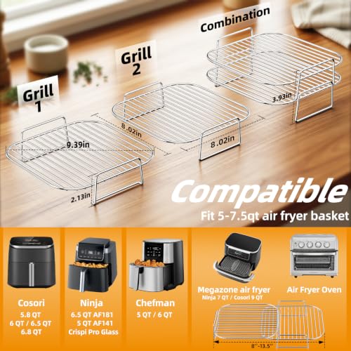 HONYAO Square 8'' Air Fryer Rack Set - 2x Stainless Steel Multi-Layer Grids
