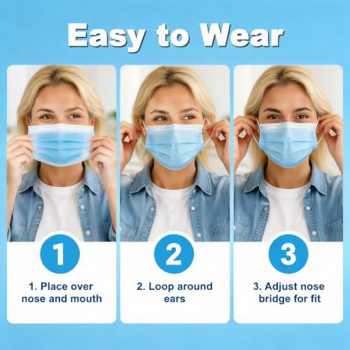 Blue Disposable Face Masks 100 Pack - 3 Ply Breathable Filter with Adjustable Nose Clip & Soft Elastic Loops