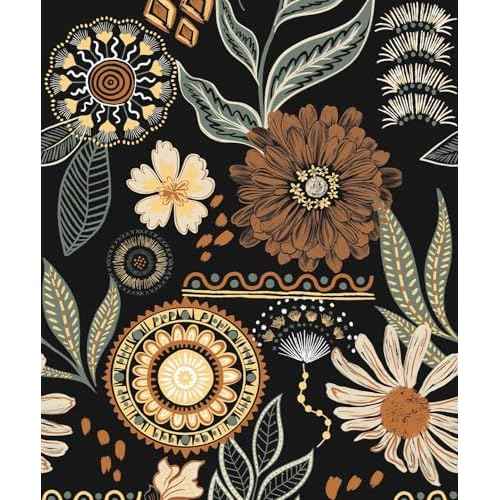 Naphite Boho Peel and Stick Wallpaper Vintage Floral Self Adhesive Wallpaper Dark Botanical Sun Flower Contact Paper for Cabinets Drawers Removable Bathroom Bedroom Retro Wall Decor 17.3inW 78.7inL