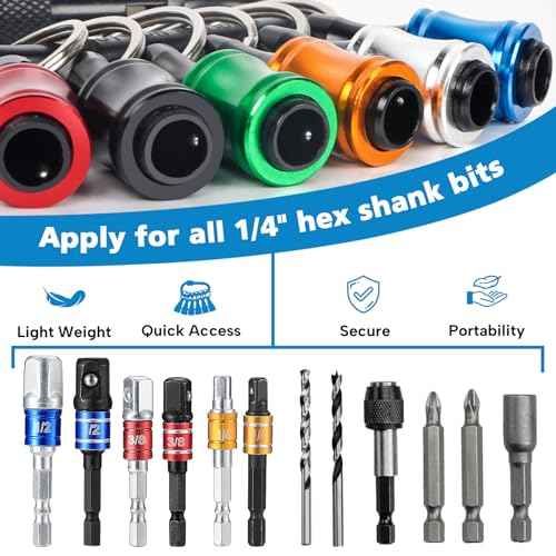 1/4 Bit Holder Keychain 6pc, 1/4 inch Hex Shank Bit Holders, Quick Release Bit Holder For Nut Driver, Screwdriver & Drill Bits w/Key Chain Carabiner