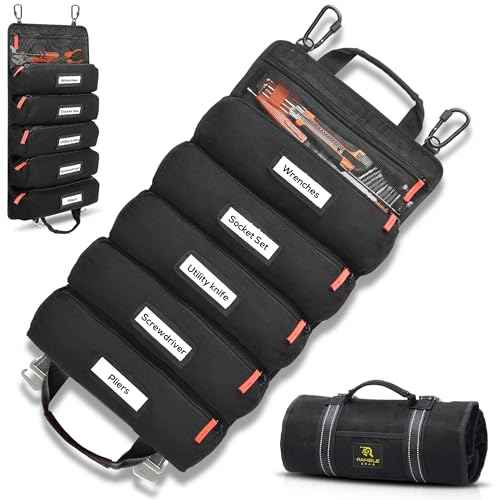 Roll up tool bag with Carabiners - 5 Large Oversized Pockets with Labels-Tool roll bag organizer - Canvas foldable tool Bag organizer | Tool organizer bag for Mechanic, Electrician & more