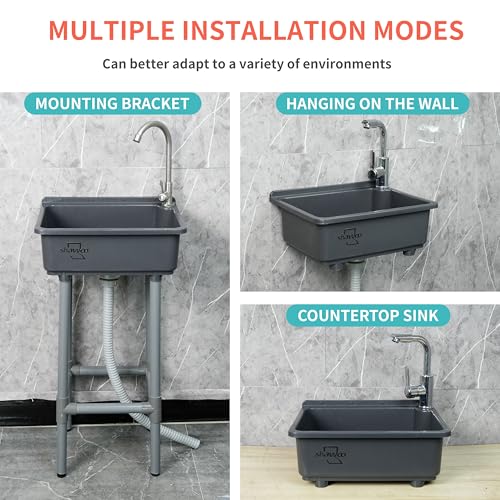 Gray Freestanding Single Bowl Utility Sink with Faucet Hole - Kitchen Laundry Tub