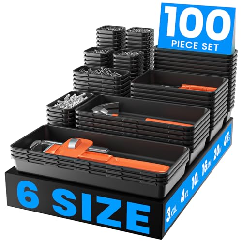 A-LuGei 100pcs Tool Box Organizer Tray Set, 6 Sizes - Black