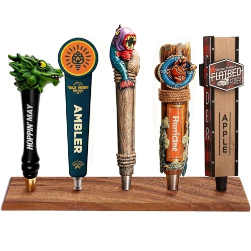 Beer Tap Handle Display Stand – Holds 5 Handles, Walnut Wood Tabletop Holder