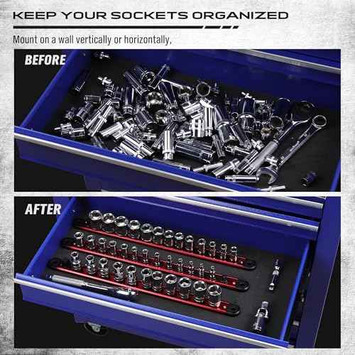 Magnetic Socket Holder Organizer Set: 3/8 Detachable Socket Trays Socket Organizer for Tool Box Drawer Holds 14-Piece Standard Size Sockets for Automotive Mechanic Garage(Red)