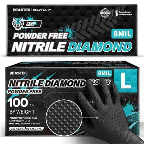 Beastek Nitrile Disposable Gloves, 8Mil Latex & Powder Free Chemical Resistant Heavy Duty Cooking Diamond Gloves Black 100Pcs