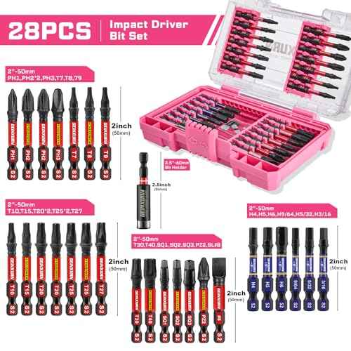 28Pieces Impact Screwdriver Bits Set, Magnetic S2 Steel Phillips/Slotted/Square/Torx Insert Power Bits Tips, Impact Bit Holder with Pink Storage Box Case