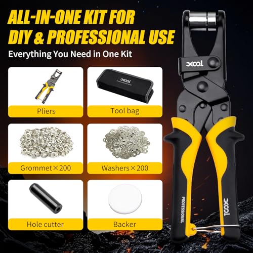 XOOL 3/8 Inch Grommet Tool Kit with 200 Grommets & Pliers for Canvas, Banners, Leathercraft