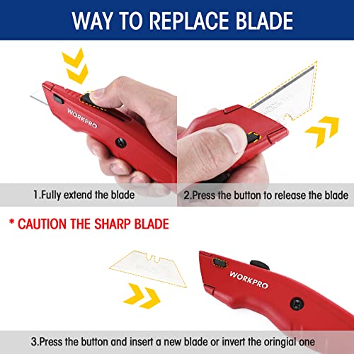 WORKPRO Red Utility Knife with Retractable Blade, Heavy Duty Box Cutter, 10 Extra Blades
