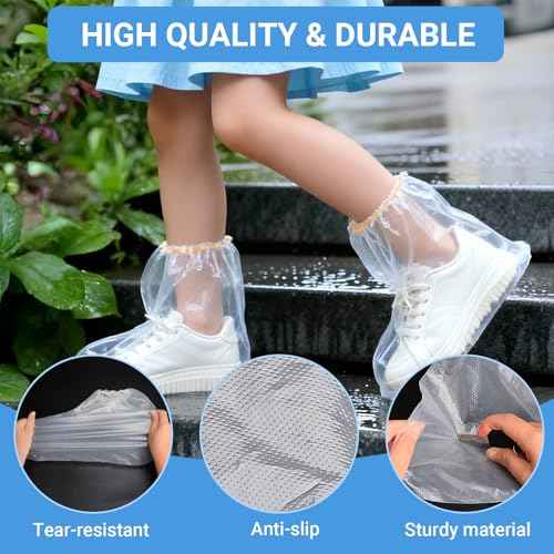 10 Pairs Shoe Covers Waterproof Rain Boot Covers for Women & Men, Plastic Disposable Shoe Protectors with Non-Slip Soles, Slip-On Outdoor Overshoes for Wet Weather, Commuting, Dog Walking (Clear)