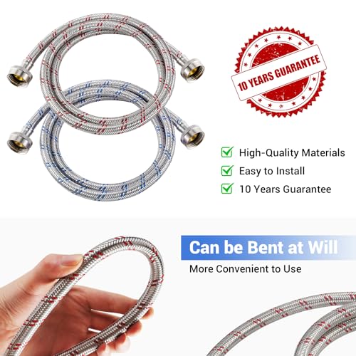 4 Ft Stainless Steel Washing Machine Hoses 2-Pack - Burst Proof Hot & Cold Water Supply, 3/4'' Standard Fit