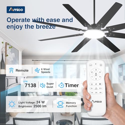Amico 72-Inch Black Ceiling Fan with Lights and Remote Control