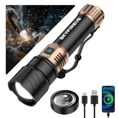 SKYFIRE SF1097 Rechargeable LED Flashlight with Ignition Lens - 5000 Lumens, Waterproof, Zoomable, 6 Modes, Tactical Camping Light (Black & Gold Lens)
