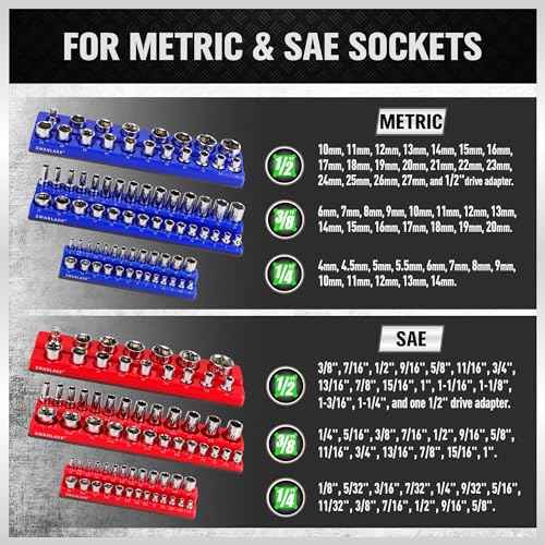Magnetic Socket Organizer Set, 6PCS Socket Holder, 1/4", 3/8", 1/2" Sockets Holds 143 Pieces Magnetic Sockets Trays (Blue&red, 6 Pcs)