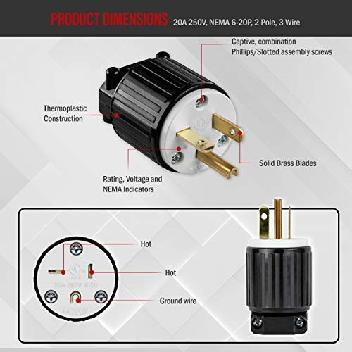 ENERLITES NEMA 6-20P 20A 250V Straight Blade Plug - Pack of 1, Black