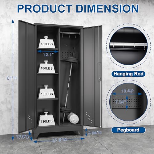 CBNTKI 61" Black Lockable Metal Garage Storage Cabinet with Pegboard & Hanging Rod