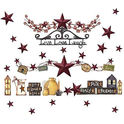 SUPERDANT Country Style Wall Decals Country Stars Berries Live Love Laugh Wall Sticker Vintage Western Home Farmhouse Decor Kitchen Stickers Rustic Decor for Living Room Bedroom