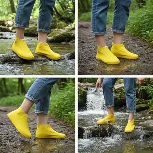 Waterproof Shoe Covers 2 Pairs Non-Slip, Thickened Latex Rain Boots for Men Women - Slip-Resistant Outdoor Foot Protectors (Yellow, L)