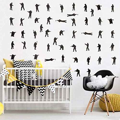 48PCS Military Wall Stickers for Boys Bedroom, Army Soldier Decals with Seals, Infantry, Snipers, Stormtroopers, Artillery Figures, Vinyl Removable Wall Art for Kids Room Decor AM158 (Black)