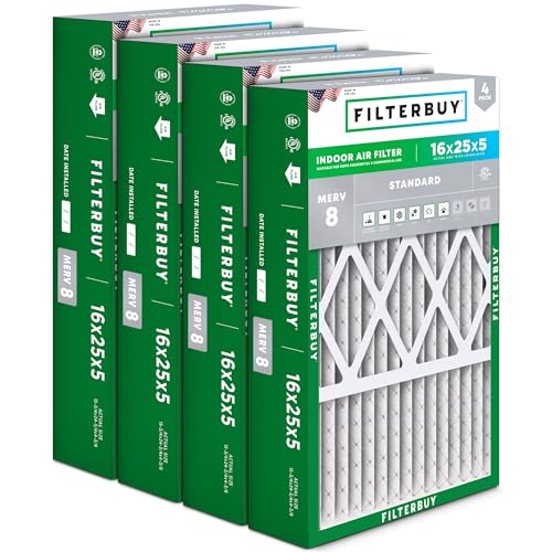 Filterbuy 16x25x5 Air Filter MERV 8 Dust & Allergy Defense (4-Pack, Actual Size: 15.75"x24.75"x4.38")