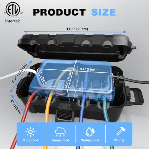 Flemoon Black Outdoor Electrical Box with 6 Cable Ports - Waterproof Extension Cord Cover, ETL Certified, Weatherproof Power Connection Box, 1 Pack