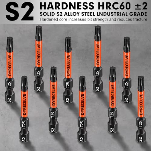 DYRECELVE 10-Pack T25 Torx Bits for Impact Driver - Magnetic 2-Inch, S2 Steel
