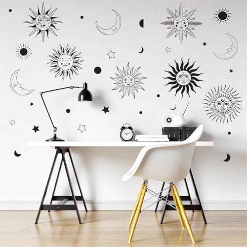 Gothic Sun Moon Star Wall Stickers, sacinora Human Face Crescent Wall Decals Removable Vinyl Peel and Stick for Living Room Bedroom Boho Ethnic Home Decorations