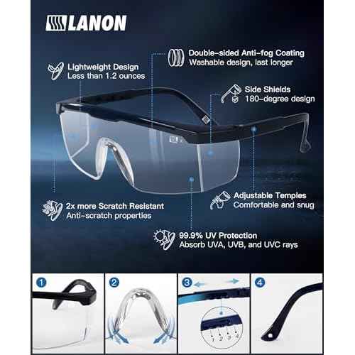 LANON Anti-Fog Safety Goggles with Ajustable Temples, 2.5 Times ANSI Z87.1 Double-sided Antifog, Side Protection, High Transmission, Lightweight & Comfortable Safety Glasses.